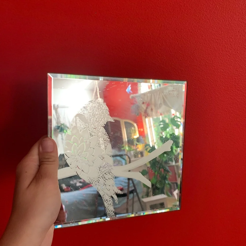 SMALL SQUARE MIRROR W/ ETCHED BIRD DESIGN